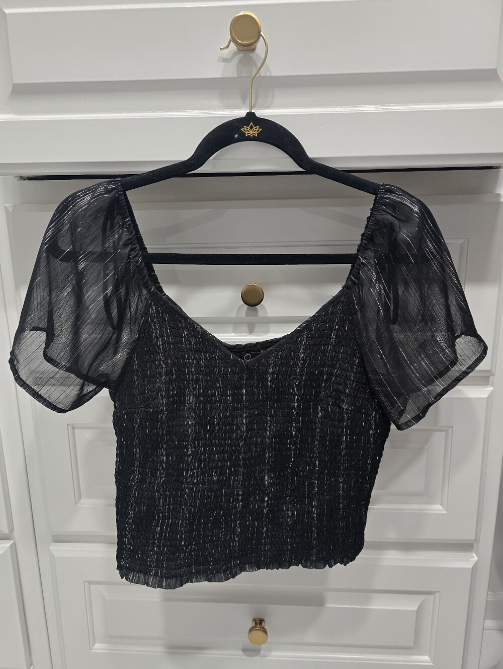 Japna Black Smocked Puff Sleeve Crop Top